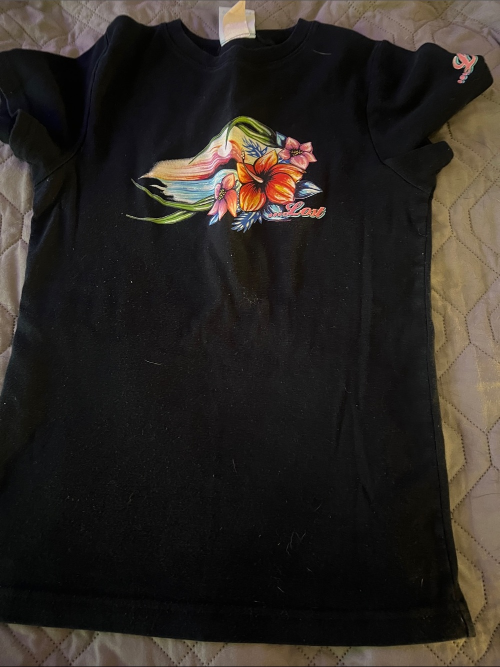 Lost Black Tee with Tropical Floral Rainbow Graphic